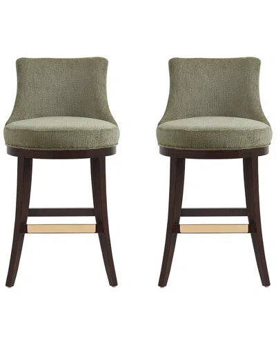 Manhattan Comfort Set Of 2 Lucia Chenille Barstools With Beech Wood Legs In Green
