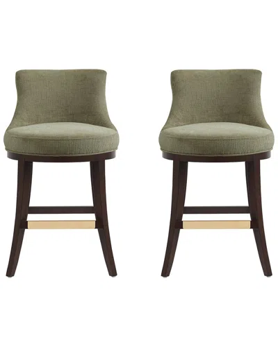 Manhattan Comfort Set Of 2 Lucia Chenille Counter Stools With Beech Wood Legs In Green