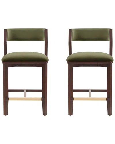 Manhattan Comfort Set Of 2 Patricia Velvet Counter Stools With Beech Wood Legs In Green