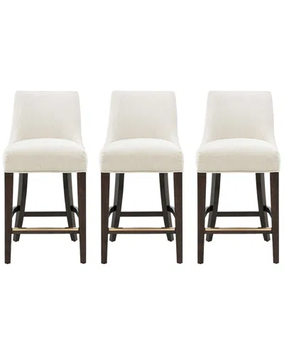 Manhattan Comfort Set Of 3 Beever Chenille Counter Stools With Rubberwood Legs In White