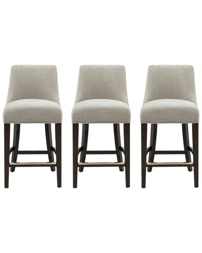 Manhattan Comfort Set Of 3 Beever Chenille Counter Stools With Rubberwood Legs In Neutral