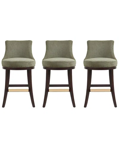 Manhattan Comfort Set Of 3 Lucia Chenille Barstools With Beech Wood Legs In Green