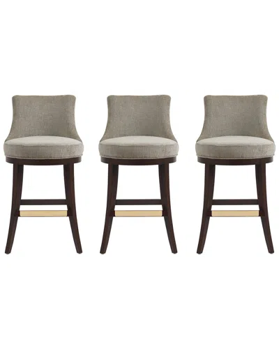 Manhattan Comfort Set Of 3 Lucia Chenille Barstools With Beech Wood Legs In Brown