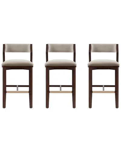 Manhattan Comfort Set Of 3 Patricia Velvet Barstools With Beech Wood Legs In Brown