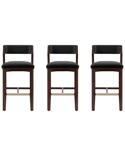 Manhattan Comfort Set Of 3 Patricia Velvet Barstools With Beech Wood Legs In Black