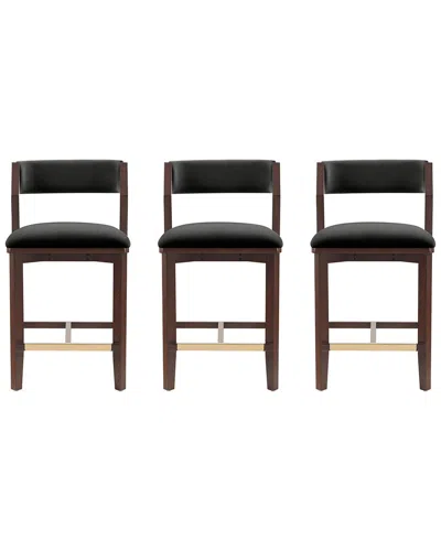 Manhattan Comfort Set Of 3 Patricia Velvet Counter Stools With Beech Wood Legs In Black