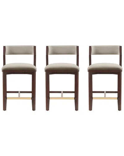 Manhattan Comfort Set Of 3 Patricia Velvet Counter Stools With Beech Wood Legs In Gray