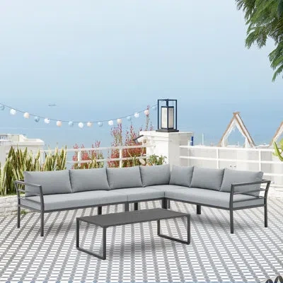 Manhattan Comfort Sunnyside Modern Sectional Patio Conversation Set With Polyester Cushions And Coffee Table In Gray