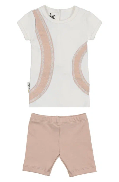 Maniere Babies' Arc Patch Stretch Cotton Top & Shorts Set In White/sand