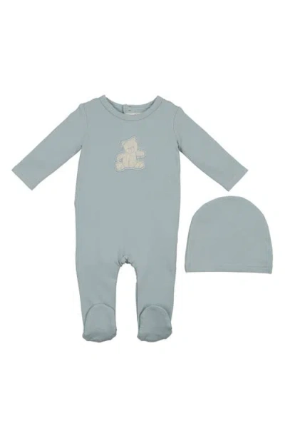 Maniere Babies' Manière Bear Appliqué Footie & Beanie Set In Gray