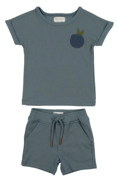 Maniere Babies' Manière Berry Rib Top & Shorts Set In Blue
