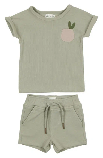 Maniere Babies' Manière Berry Rib Top & Shorts Set In Sage