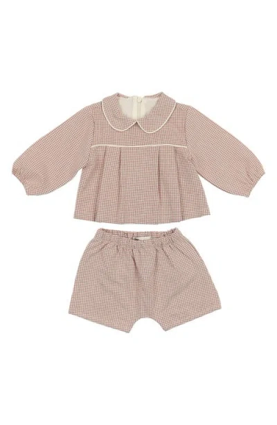 Maniere Babies' Manière Check Peter Pan Collar Top & Shorts Set In Neutral