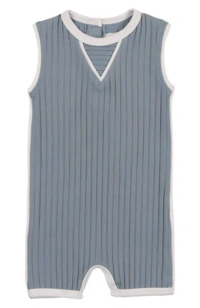 Maniere Babies' Manière Contrast Piping Stretch Cotton Ribbed Romper In Blue