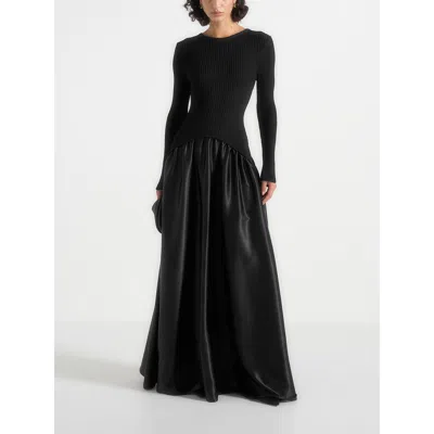 Manière De Voir Adeline Knit & Satin Curved Hem Maxi Dress In Black