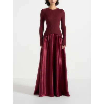 Manière De Voir Adeline Knit & Satin Curved Hem Maxi Dress In Burgundy