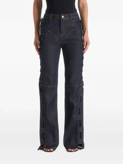 Manière De Voir Ambre In Indigo Denim Lace-up Flared Jeans In Blue