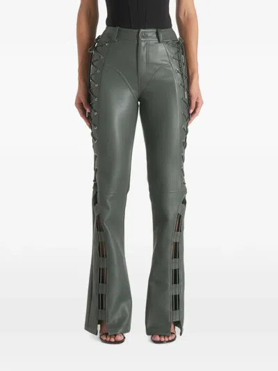 Manière De Voir Ambre In Olive Leather Lace Up Flared Trousers In Gray