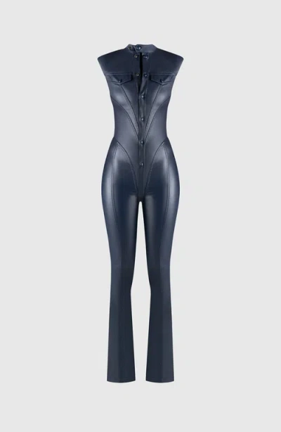 Manière De Voir Annette Wax Coated Denim Jumpsuit In Purple