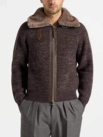 Manière De Voir Ariel Unisex Plush Collar Speckled Knit Jacket In Brown