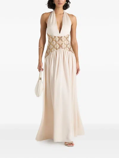 Manière De Voir Ava In Cream Halterneck Embellished Corset Gathered Maxi Dress In White