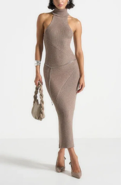 Manière De Voir Belina Halter Neck Knitted Maxi Dress With Chain In Neutral