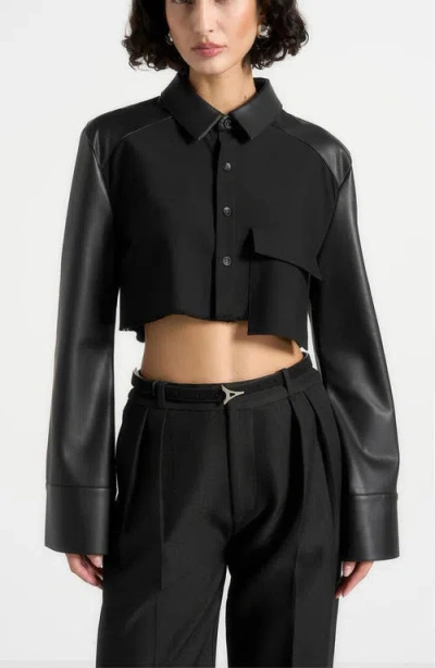 Manière De Voir Bernadette Leather Contrast Cropped Shirt In Black