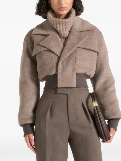 Manière De Voir Cosette In Taupe Wool Lapel Bomber Jacket In Neutrals