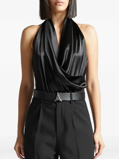 Manière De Voir Cowl-neck Satin Bodysuit In Black