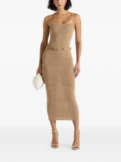 Manière De Voir Danika Metallic Rib-knit Belted Midi Dress In Brown