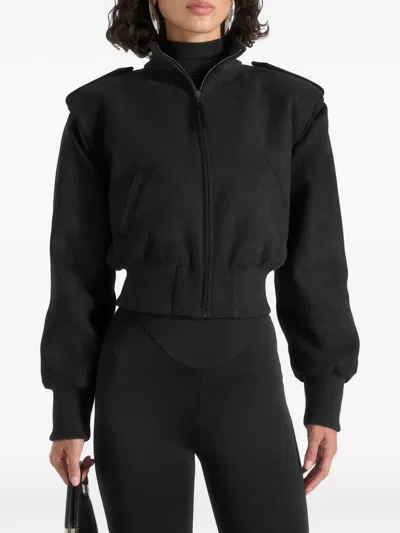 Manière De Voir Delfina In Black Suede Layered-shoulder Cropped Bomber Jacket