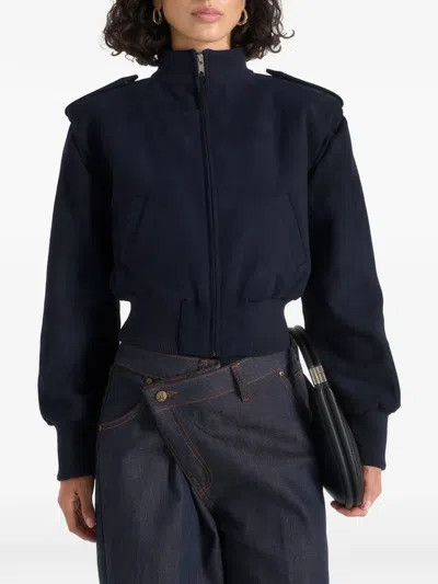 Manière De Voir Delfina In Navy Suede Layered-shoulder Cropped Bomber Jacket In Blue