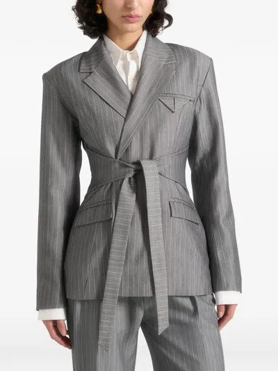 Manière De Voir Delphine Pinstripe Wrap-tie Blazer In Gray