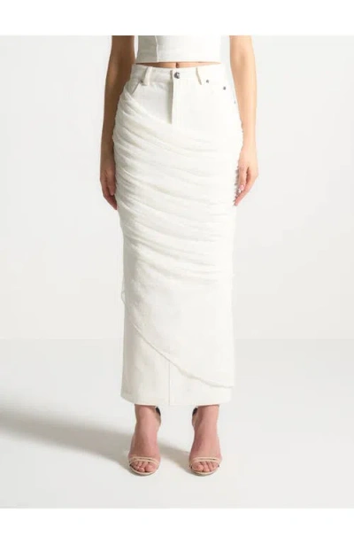 Manière De Voir Draped Mesh Denim Maxi Skirt In White