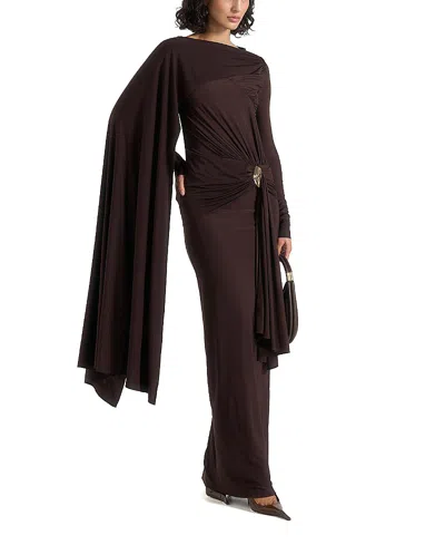 Manière De Voir Edena Asymmetric Ruched Draped Maxi Dress In Brown