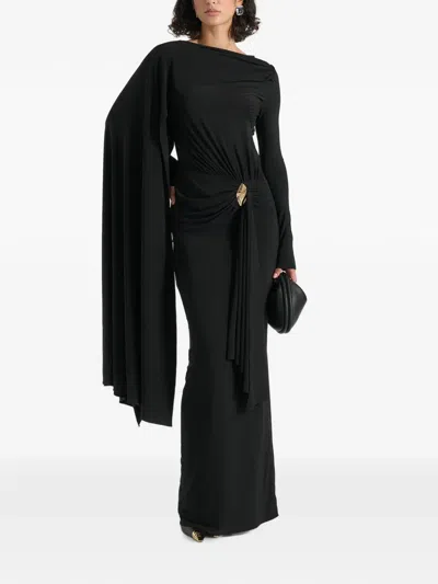 Manière De Voir Edena In Black Asym Ruched Draped Maxi Dress
