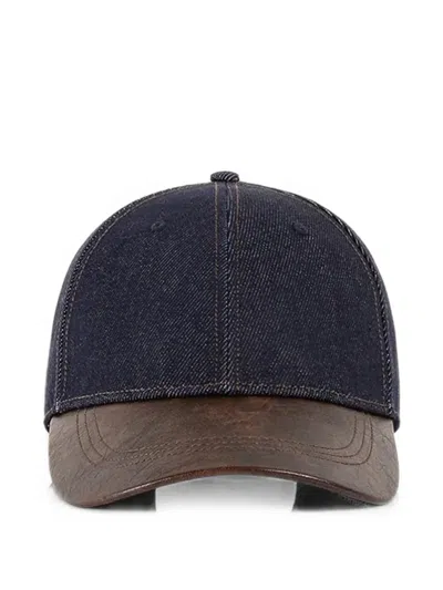 Manière De Voir Ellis In Indigo Denim Cap With Leather Brim In Blue