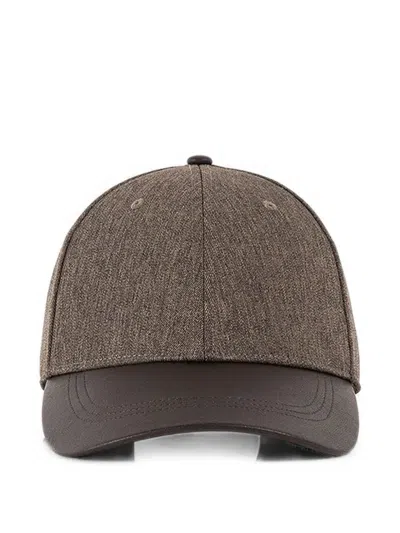 Manière De Voir Ellis In Taupe Textured Tailored Cap With Leather Brim In Brown