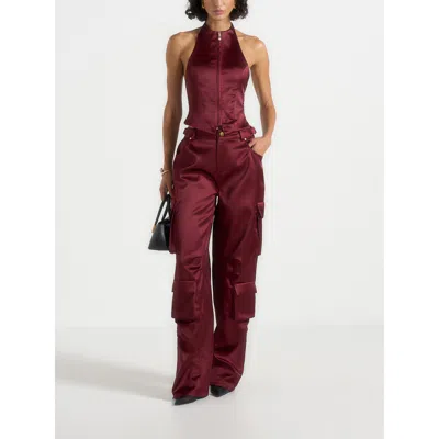 Manière De Voir Emilie High Rise Satin Cargo Trousers In Burgundy