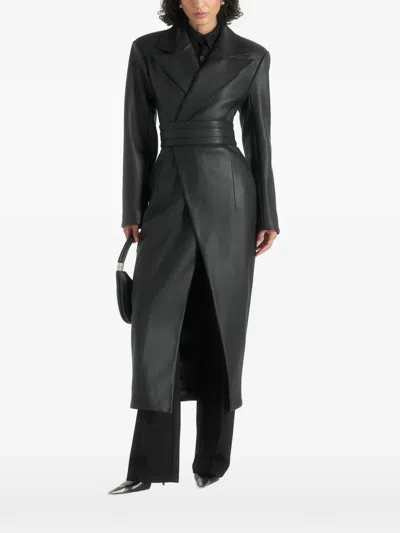 Manière De Voir Esma Leather Asymmetric Coat With Cinch Belt In Black