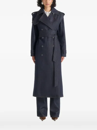Manière De Voir Esther In Indigo Denim Trench Coat With Double Belt In Blue