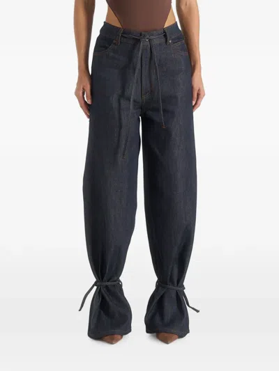 Manière De Voir Faye In Indigo Wide Leg Denim Jeans With Ties In Blue