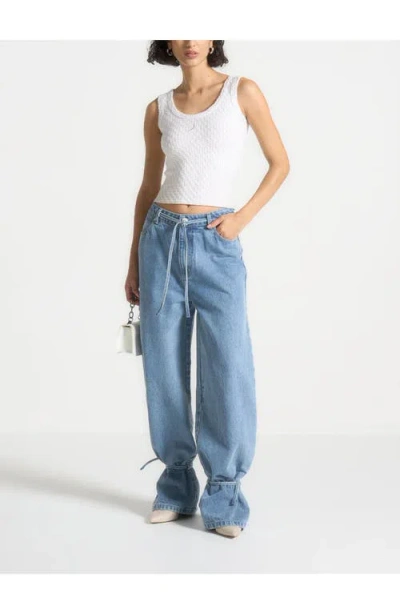 Manière De Voir Faye Wide Mid Rise Jeans With Tie Waist In Blue