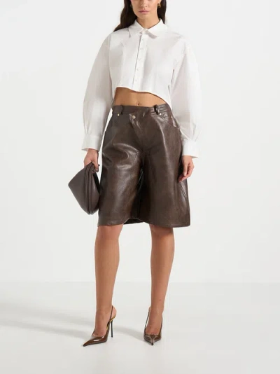 Manière De Voir Hazel Vintage Leather Wrapover Bermuda Shorts In Brown