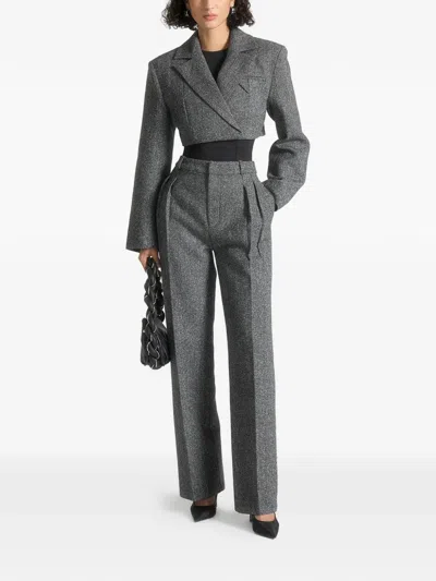 Manière De Voir Herringbone Wide-shoulder Cropped Blazer In Gray