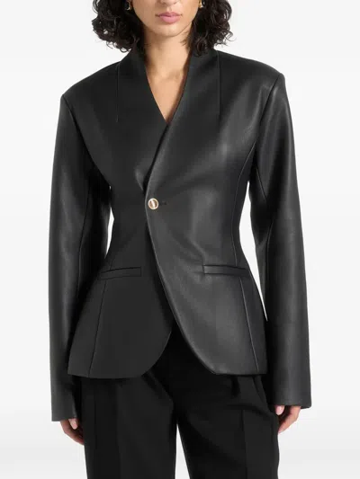 Manière De Voir Ina In Black Leather Cinched-waist Kimono Blazer