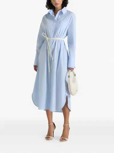 Manière De Voir Isa In Pale Blue Belted Pinstripe Cotton Midi Shirt Dress