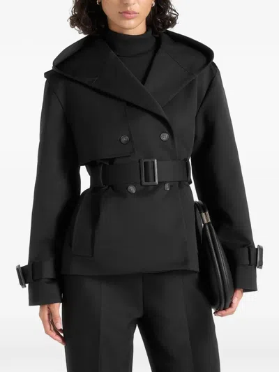 Manière De Voir Kassidy In Black Hooded Double-breasted Wool-blend Trench Coat