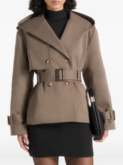 Manière De Voir Kassidy In Olive Hooded Double-breasted Wool-blend Trench Coat In Green