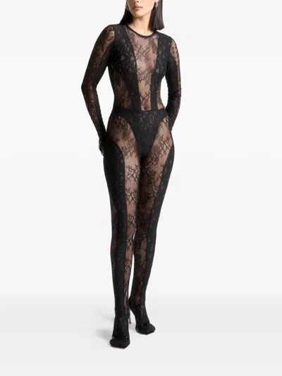 Manière De Voir Lace Backless Footsie Jumpsuit In Black